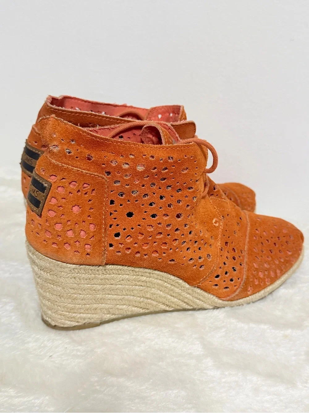 Toms Orange Perforated Suede Espadrille Wedge Booties sz 9.5W